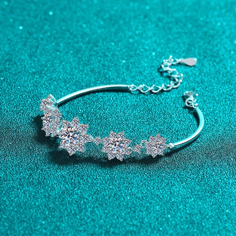 Pulsera de Copo de Nieve de Plata de Ley S925 para Mujer Brillante Moissanita Circonia Joyería de Mano Ajustable Elegante Regalo de Navidad San Valentín