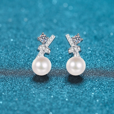 Boucles d'Oreilles Clous Nœud en Argent Sterling S925 Vintage Français Avec Moissanite et Perle d'Eau Douce Élégant Bijou Femme