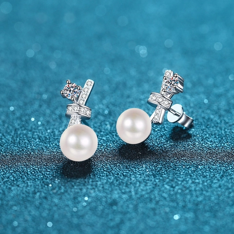 Boucles d'Oreilles Clous Nœud en Argent Sterling S925 Vintage Français Avec Moissanite et Perle d'Eau Douce Élégant Bijou Femme