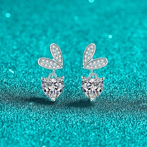 925 Sterling Silver Moissanite Heart Stud Earrings With Butterfly Wing Design Zirconia Electroplated Earrings For Women Jewelry