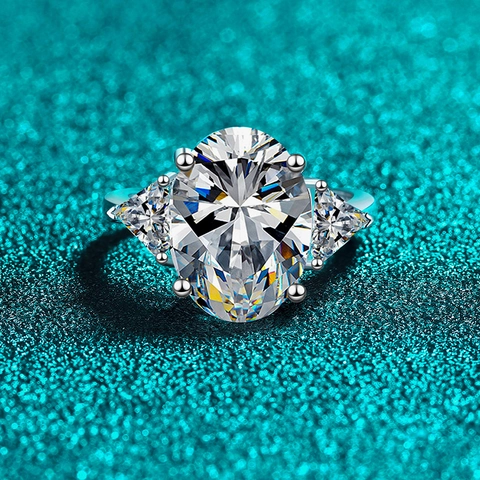 Anillo de Plata de Ley 925 con Moissanita Ovalada y Circonia Trillion de Tres Piedras para Mujer Joyería Elegante de Lujo