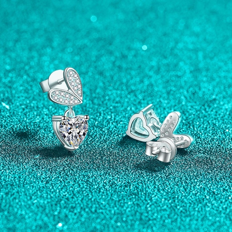 925 Sterling Silver Moissanite Heart Stud Earrings With Butterfly Wing Design Zirconia Electroplated Earrings For Women Jewelry
