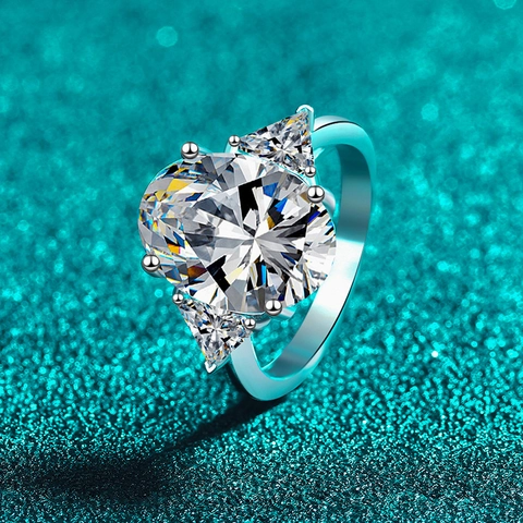 Anillo de Plata de Ley 925 con Moissanita Ovalada y Circonia Trillion de Tres Piedras para Mujer Joyería Elegante de Lujo