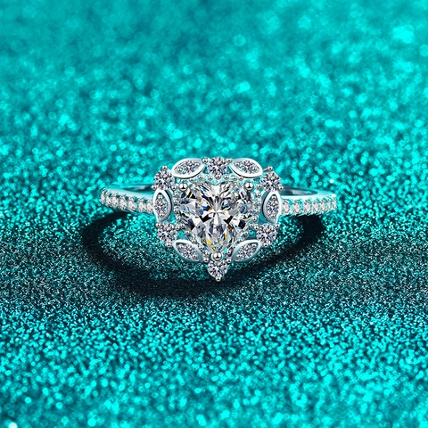 Luxe 925 Sterling Zilveren Hart Slijpvorm Moissaniet Ring Voor Dames Zirconia Halo Verlovingsring Sieraden Cadeau