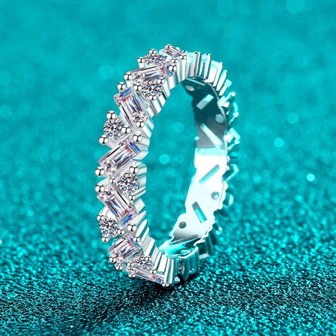 925 Sterling Silver Full Moissanite Eternity Ring For Women Luxury Baguette And Round Cut Trendy Moissanite Finger Ring Jewelry Gift