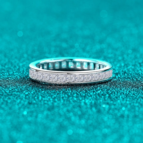 S925 Sterling Silver Moissanite Ring For Women Princess Cut Square Eternity Ring Channel Setting Minimalist Wedding Band Jewelry