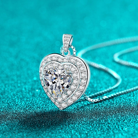 Élégant Collier Pendentif Coeur Argent Sterling 925 Moissanite Zirconia pour Femmes Bijoux Forme Coeur Double Halo Cadeau