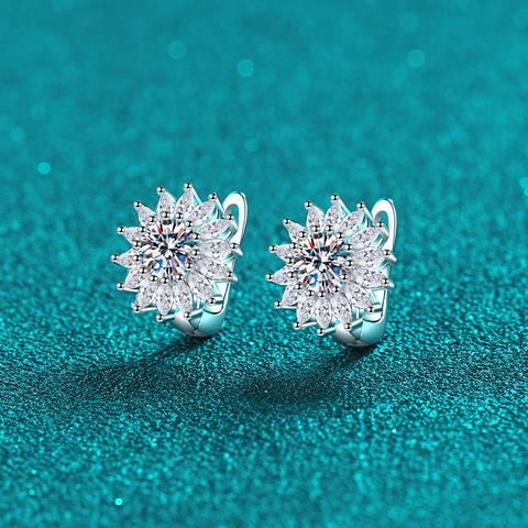 S925 Sterling Silver Moissanite Zirconia Sunflower Huggie Earrings Elegant Flower Hoop Earrings For Women Luxury Jewelry Gift