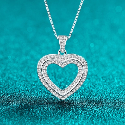 Collana in Argento Sterling 925 con Moissanite per Donna Doppio Strato Cavo Cuore Ciondolo Catena Veneziana Gioielli Regalo Matrimonio