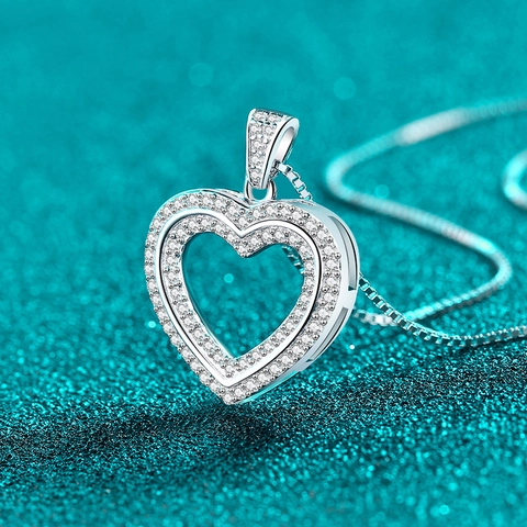 Collana in Argento Sterling 925 con Moissanite per Donna Doppio Strato Cavo Cuore Ciondolo Catena Veneziana Gioielli Regalo Matrimonio