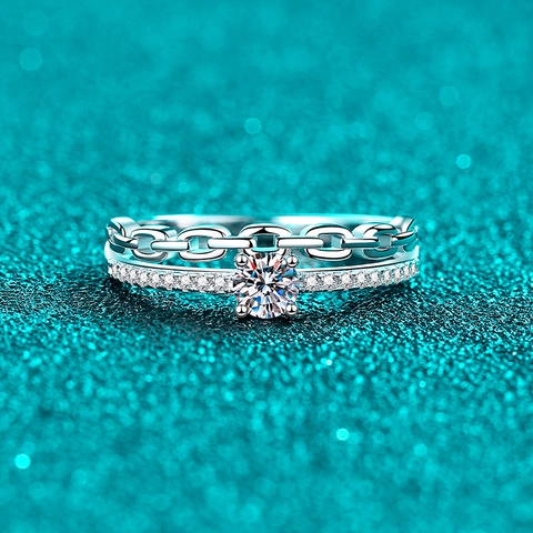 S925 Sterling Silver Moissanite Double Layer Chain Ring For Women 0.39ct Round Cut Moissanite Ring Daily Exquisite Jewelry Gift