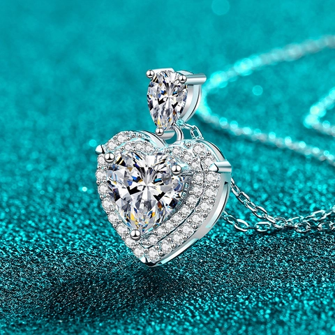 S925 Sterling Silver Heart Pendant Necklace Women Moissanite Zirconia Double Halo Micro Pave Elegant Jewelry Accessory