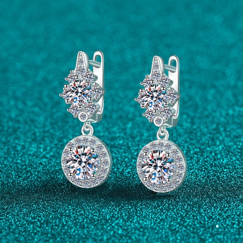 Boucles d'Oreilles Pendantes en Argent Sterling 925 Moissanite Zirconia Élégant Exquis Rond Halo Incrusté Bijoux pour Femmes Mariage