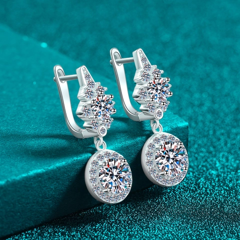 Boucles d'Oreilles Pendantes en Argent Sterling 925 Moissanite Zirconia Élégant Exquis Rond Halo Incrusté Bijoux pour Femmes Mariage