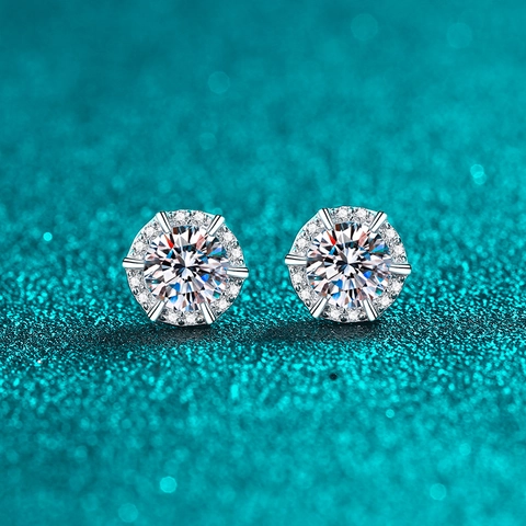 Lussuosi Orecchini a Bottone in Argento Sterling 925 Moissanite Zirconia Round Halo Gioielli con Gemme Scintillanti per Donna Matrimonio