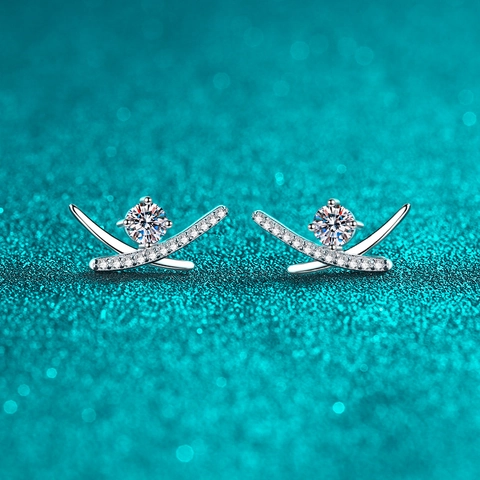 Orecchini a Bottone in Argento Sterling 925 con Forma a X Geometrica Moissanite Zirconia per Donna Gioielli Semplici Eleganti