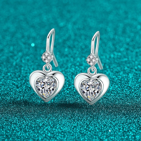 925 Sterling Silver Moissanite Heart Drop Earrings For Women Elegant Heart Shaped Silver Hook Earrings Romantic Jewelry Gift
