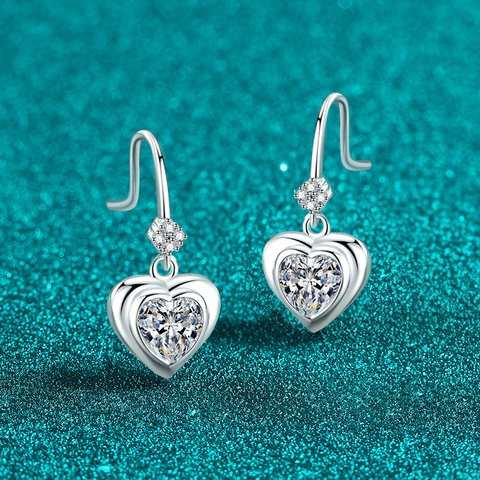 925 Sterling Silver Moissanite Heart Drop Earrings For Women Elegant Heart Shaped Silver Hook Earrings Romantic Jewelry Gift