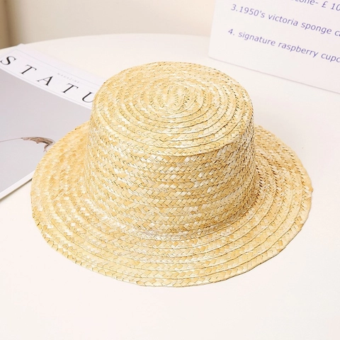 Chapeau Boater en Paille de Blé Fait à la Main Toit Plat Bord Large Chapeau de Soleil Avec Nœud en Ruban Noir pour Femme Enfant Plage