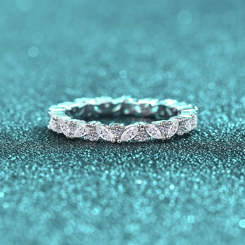 Anello Moissanite in Argento Sterling 925 Lusso Francese Marquise Round Cut Eternity Band Gioielli da Dito Regalo Donna