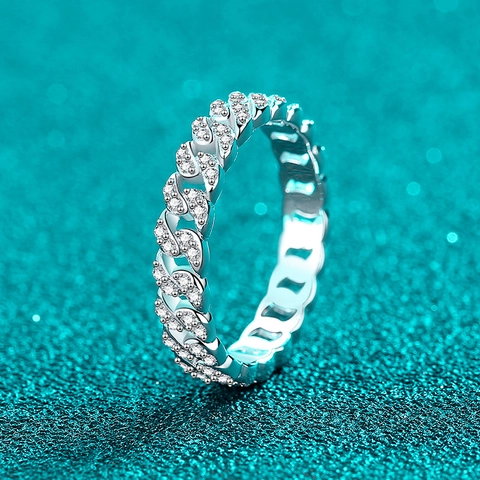 Anello in Argento Sterling 925 con Moissanite a Maglia Cubana per Donna Squisita Fede Nuziale con Pavé Completo Gioielli