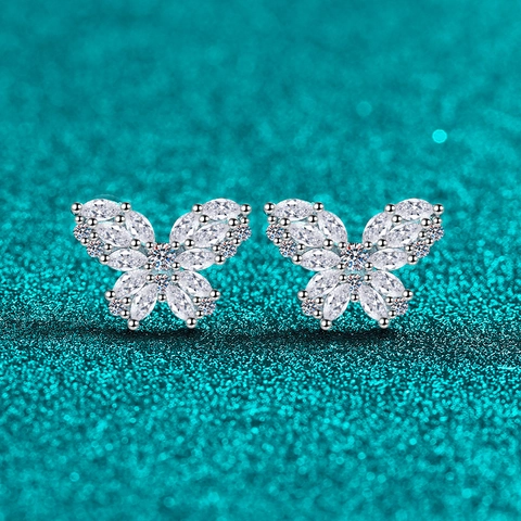 Pendientes de Botón Mariposa de Plata de Ley S925 Joyas de Moissanita de 1.386ct Corte Marquisa Elegantes para Mujer
