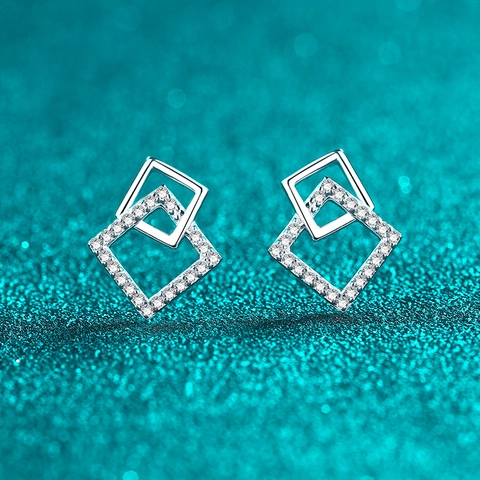 Orecchini a Bottone in Argento Sterling S925 Con Moissanite per Donna Quadrati Geometrici Intrecciati Minimalisti Eleganti Gioielli