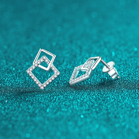 Orecchini a Bottone in Argento Sterling S925 Con Moissanite per Donna Quadrati Geometrici Intrecciati Minimalisti Eleganti Gioielli