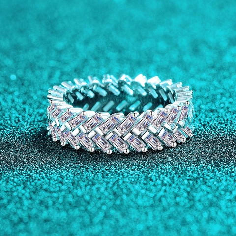 Luxury 925 Sterling Silver Moissanite Eternity Ring Baguette Cut Geometric Band Ring For Women Fine Jewelry Engagement Gift