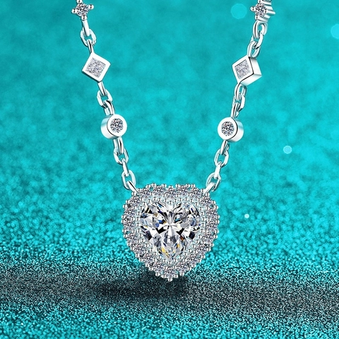 Collar de Colgante de Corazón de Plata de Ley 925 Moissanita Con Cadena Geométrica Joyería de Moda Elegante para Mujer
