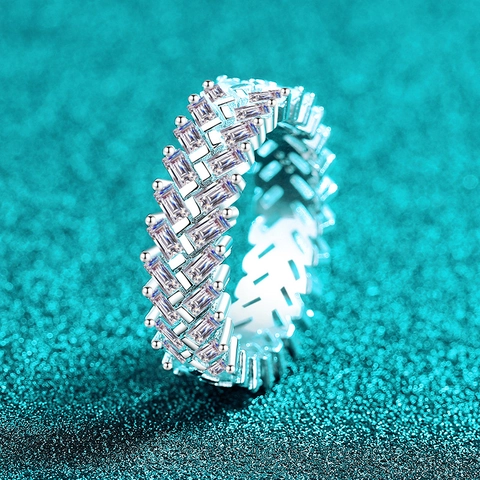Luxury 925 Sterling Silver Moissanite Eternity Ring Baguette Cut Geometric Band Ring For Women Fine Jewelry Engagement Gift
