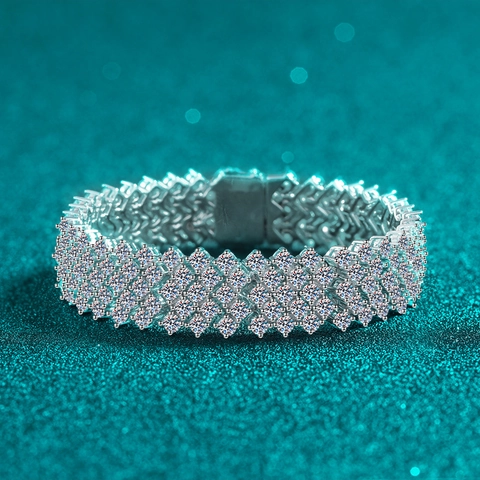 Lussuoso Bracciale in Argento Sterling 925 con Moissanite a Più File Bracciale a Catena Larga Moissanite Gioielli Hip Hop Esagerati per Donna