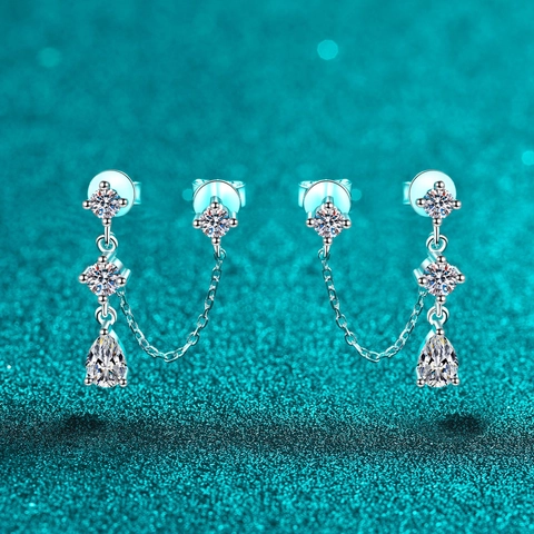 925 Sterling Silver Moissanite Stud Earrings For Women Double Hole Chain Tassel 1.8ct Pear Cut Waterdrop Dainty Jewelry Gift