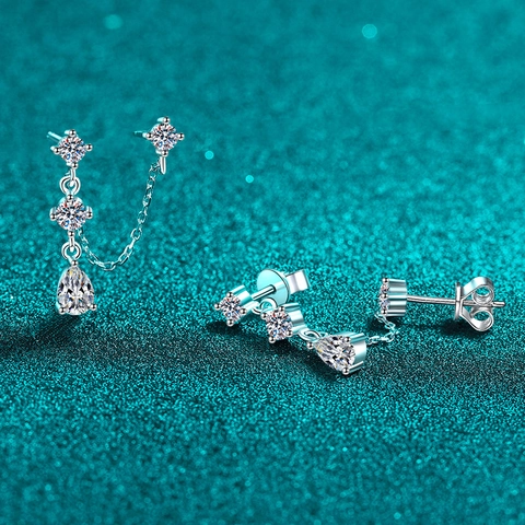 925 Sterling Silver Moissanite Stud Earrings For Women Double Hole Chain Tassel 1.8ct Pear Cut Waterdrop Dainty Jewelry Gift