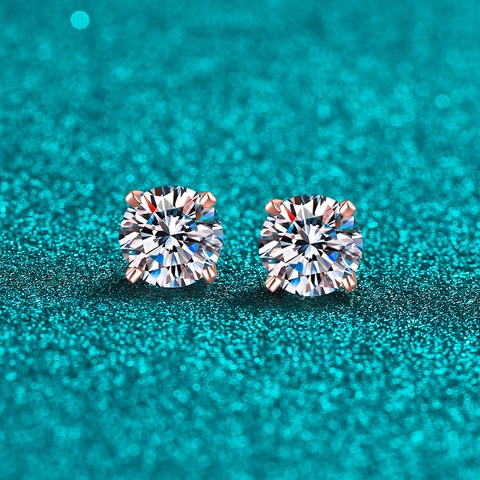 925 Sterling Silver Moissanite Zirconia Stud Earrings For Women Champagne Gold Plated Round Cut Four-Prong Jewelry