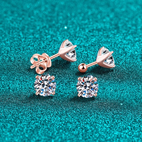 925 Sterling Silver Moissanite Zirconia Stud Earrings For Women Champagne Gold Plated Round Cut Four-Prong Jewelry