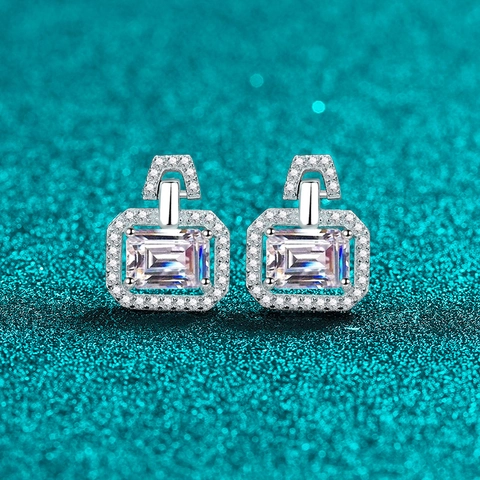 Orecchini a Bottone in Argento Sterling S925 Moissanite Zirconia Geometrici Taglio Smeraldo Halo per Donna Gioielli di Lusso