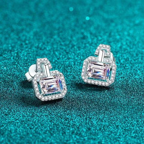 Orecchini a Bottone in Argento Sterling S925 Moissanite Zirconia Geometrici Taglio Smeraldo Halo per Donna Gioielli di Lusso