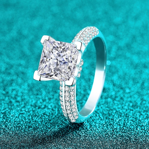 Luxe 925 Sterling Zilveren Vierkante Moissaniet Ring Voor Dames Prinses Slijpvorm Geometrische Zirkonia Pave Sieraden