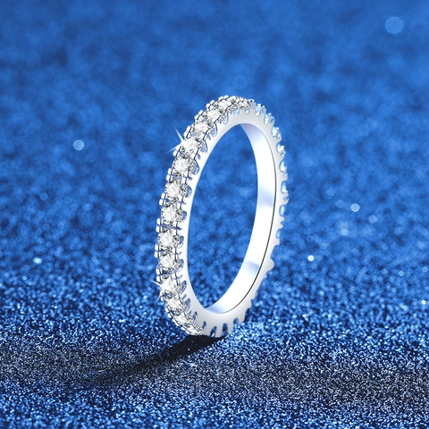 S925 Sterling Silver Moissanite Eternity Ring Round Cut Pave Full Diamond Wedding Band Minimalist Elegant Women Jewelry