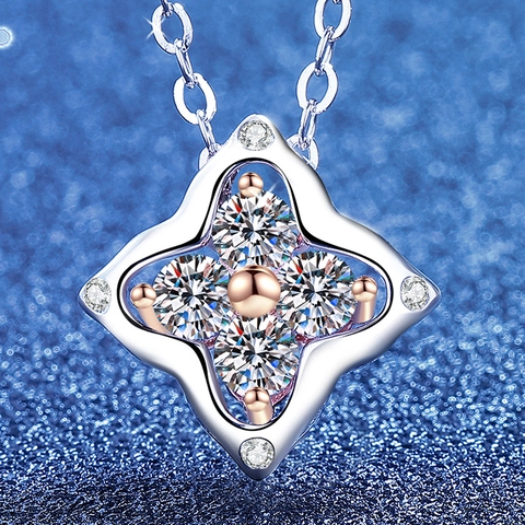Collana in Argento Sterling S925 Con Moissanite a Quadrifoglio Per Donna Oro Rosa Placcato Oro Bianco Catena Splendente
