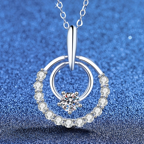 925 Sterling Silver Moissanite Pendant Necklace Round Double Ring Rhinestone Pave Inlaid Clavicle Chain Jewelry For Women