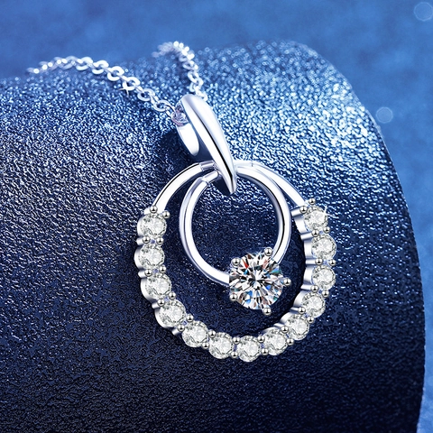 925 Sterling Silver Moissanite Pendant Necklace Round Double Ring Rhinestone Pave Inlaid Clavicle Chain Jewelry For Women