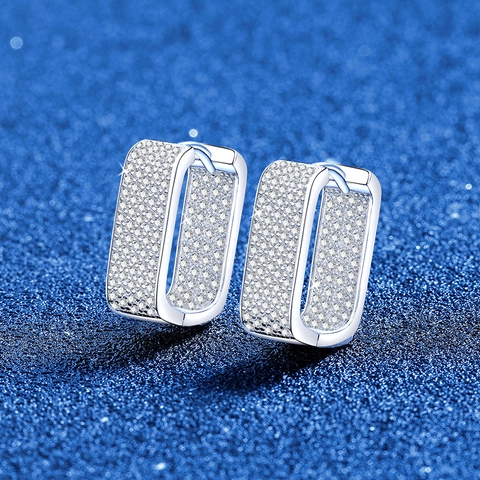 Pendientes de Aro de Lujo en Plata de Ley 925 con Moissanita para Mujer Estilo Francés Cuadrados Geométricos Incrustados con Certificado GRA
