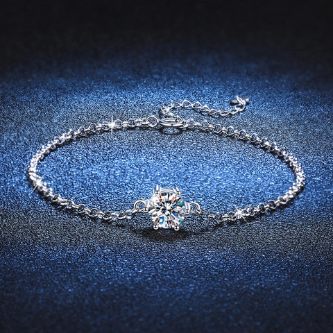 Bracciale in Argento Sterling 925 con Moissanite da Donna Intarsiato a Sei Griffe Taglio Rotondo Catena Rolo Regolabile Gioielli di Lusso Regalo di Nozze
