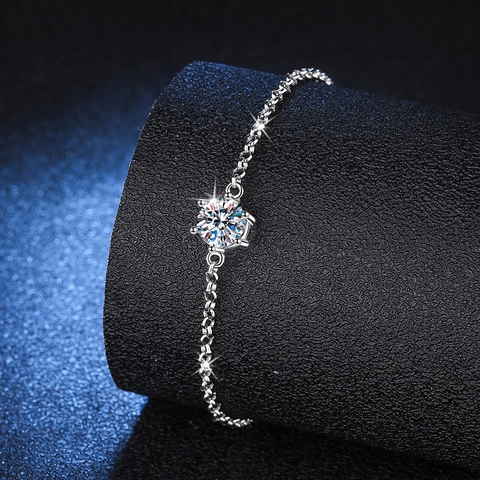 Bracciale in Argento Sterling 925 con Moissanite da Donna Intarsiato a Sei Griffe Taglio Rotondo Catena Rolo Regolabile Gioielli di Lusso Regalo di Nozze