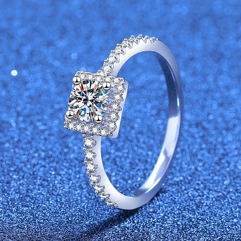 Elegante Anillo de Plata de Ley 925 con Moissanita Diseño Halo Cuadrado Joyería de Lujo con Diamantes de Imitación para Mujer Regalo Boda