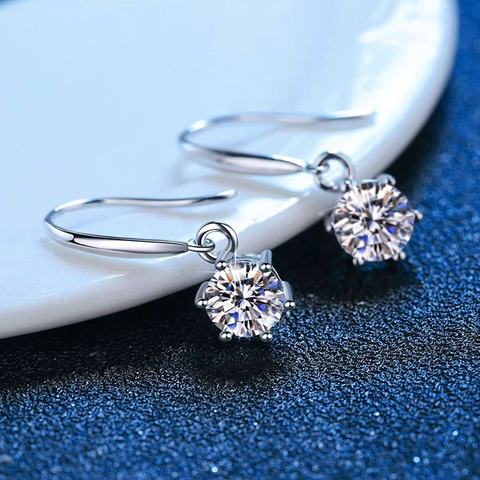Orecchini a Gancio in Argento Sterling 925 con Moissanite per Donna Taglio Rotondo Incastonatura a Sei Griffe Pendenti Eleganti Gioielli