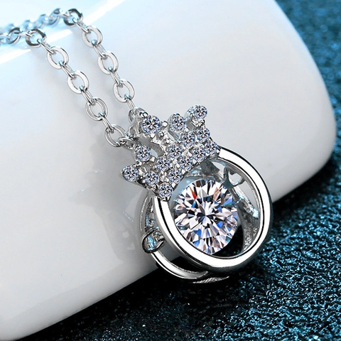925 Sterling Silver Moissanite Crown Pendant Necklace For Women Dancing Heart Electroplated Fashion Jewelry Valentine Gift