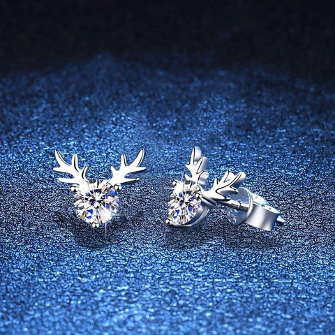 Orecchini a Bottone in Argento Sterling 925 a Forma di Corno di Cervo per Donna Orecchini Moissanite Regalo di Natale Gioielli Eleganti